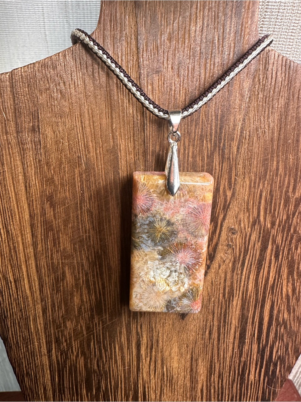 Colorful Rectangle Coral Fossil Pendant Necklace on Brown Rope